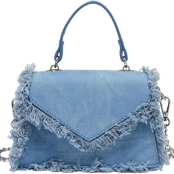 Women's Fringe Hobo Bag Tassel Trim Small Denim Bag Vegan Suede Tassel Hippie Cr - Picture 1 of 6